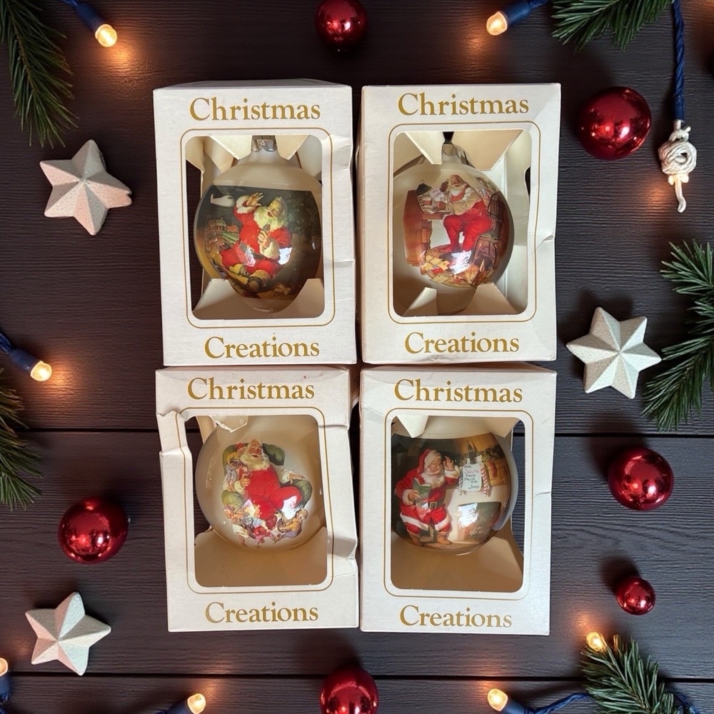 Vintage Santa Claus Glass Ornaments Set of 4 Double Sided Coca Cola Style W/Box